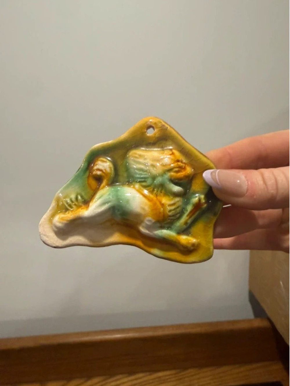 Vintage Glazed Ceramic Foo Dog Wall Hanging